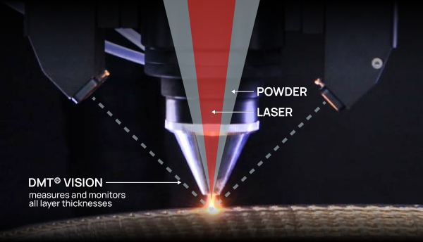 DMT analyzes and controls the height of the meltpool in real-time using 2 vision cameras. It is developed by InssTek and categorized as Direct Energy Disposition(DED).